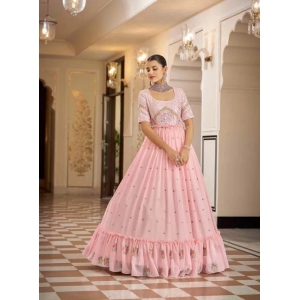 Semi-Stitched Stylish Pink Floral Embroidered Georgette Long Gown-Semi-Stitched / Pink