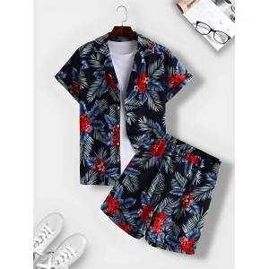 Floral Print Mens Shirt And Shorts Set Short Sleeve-XL-46 / Black