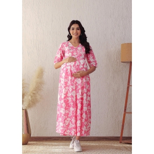 Plus size Pink and White Cotton Printed Nursing Gown-6xl