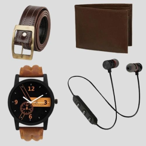 Ultimate Men's Essentials Combo: Watch, Wallet, Belt, and Bluetooth Earphone with Mic