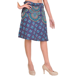 Twilight-Blue Wrap-Around Long Skirt with Block-Print in Pastel Colors