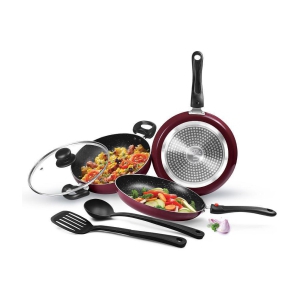 Milton Pro Cook Kitchen Jewel Set of 5 (Fry pan 24 cm/1.6 Litres; Kadhai 24 cm/2.5 Litres with glass lid; Tawa 25 cm; Nylon Laddle and Spatula), Peach | Induction | Dishwasher | Hot Plate | 