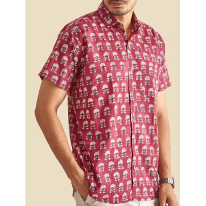 Maroon Floral Block Printed Halfsleeves Cotton Shirt-M