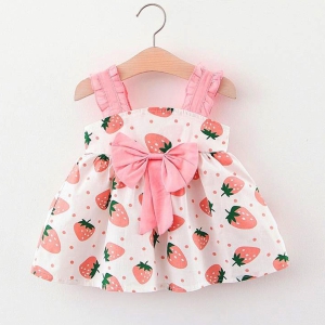 BabyGirl''s Pink Strawberry Stylish Strips Design Midi Frock Dress for Kids.-6 Year-8 Year