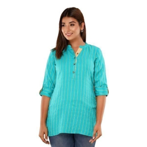 JAIPURETHNICWEAVES Womens Cotton Cambric Stripes Print Straight Tunic (Turquoise Blue)