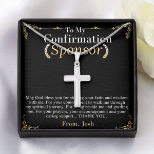 Confirmation Sponsor Gifts, Sponsor Gift for her/him, Thank You Gifts For Sponsors, Catholic Sponsor Gifts, Personalized Cross Necklace Gift josh-Mahogany Style Luxury Box (w/LED)