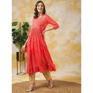 Rangita Women Coral Rayon Embellished Calf Length Anarkali Kurti - None