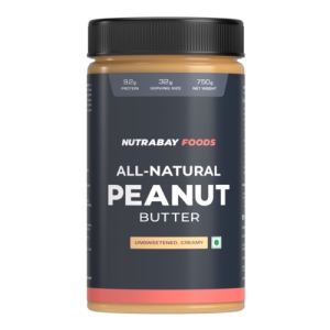 Nutrabay Foods All-Natural Peanut Butter (Creamy) - Unsweetened, 750g | 100% Roasted Peanuts, 28g Protein, Zero Cholesterol, Vegan, Gluten Free, Non GMO