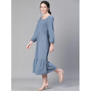 Oxolloxo Solid Smocked Puff Sleeve Tiered Cotton Fit & Flare Midi Dress