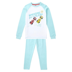 Cub McPaws Boys Nightwear Set - Blue raglan full sleeve tee with Racing cars print and pyjama - None