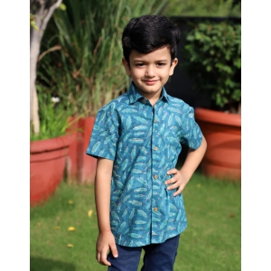 Sea Green Hand Block Printed Boys Shirt-7-8 Yrs