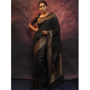 Black Pure Banarasi Silk Weaved With Copper Zari Comes With Heavy Banarasi Brocade Blouse