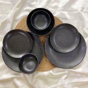 Ceramic Dining Studio Collection- Matte Black with Droplets Ceramic Dinner Plates Quarter Plates Serving Bowl and Dinner Bowls- Set of 7