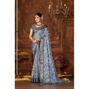 Rangita Art Silk Digital Print Zari Border Saree With tassels and Blouse Piece - Blue - Blue