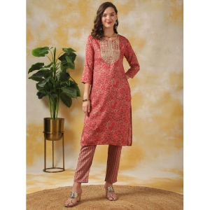 Rangita Women Coral Rayon Zari Embroidred Straight Knee Length Kurta with Pant Set - None