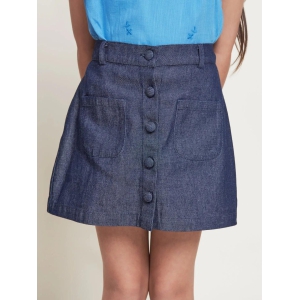 Remi Solid Denim Girls Cotton Skirt - Blue Denim-10-11Y