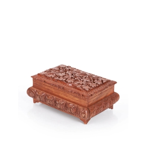 Exquisite Hand-Carved Walnut Wood Jewelry Box with Chinar Engraving