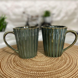 Ceramic Dining Studio collection Emerald Green Glazed Linear Coffee Mugs Set of 2