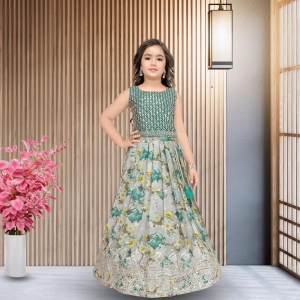 Digital Floral Print Grey and Light Green Lehenga/Ghagra With Dark Green Sequin Work Choli-26 (5-6 years)