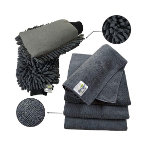 SOFTSPUN Microfiber Chenille & Single-Side Gloves 1700 GSM  with Towel 340 GSM, 6 Piece Combo Grey, Multi-Purpose Super Absorbent and Perfect Wash Clean with Lint-Scratch Free Car, Dusting!