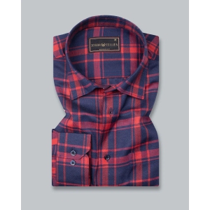 Cadmium Red on Navy Plaid Check Premium Cotton Shirt-39 / S