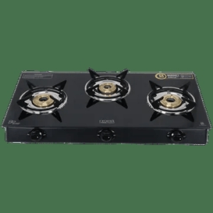 Croma Toughened Glass Top 3 Burner Manual Gas Stove (ISI Certified, Black)