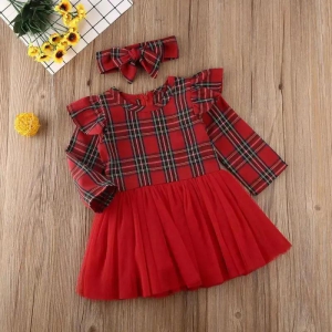 Red Checkered Dress with Headband-6 to 12 Months