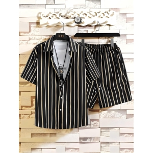 Black Printed Mens Shirt And Shorts Set Short Sleeve-M-41.5