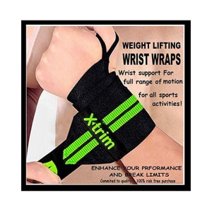 XTRIM Polyester 75 mm Softer Wider Dura Elasticized Nylon and Rubber Professional Adjustable Stabilizer Wrist Wrap Support Straps for All Sports Activities (Green Line) - 1 Pair - One Size