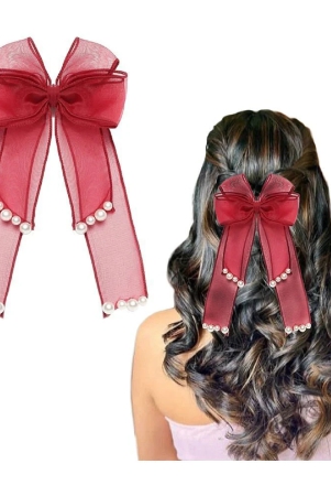 lykaa-stylish-hair-ribbon-pearl-bow-for-girls-women-kids-french-style-big-layered-hair-clips-red-1-red