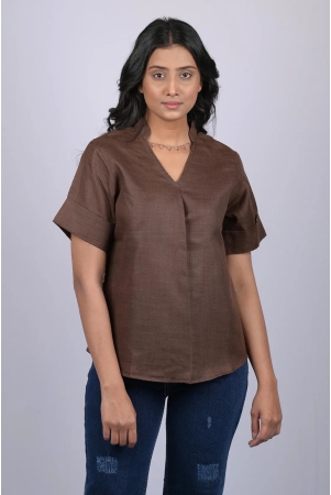 halfsleeve-top-party-wear-western-wear-trending-top-dark-brown-colour-v-neck-top-with-collar-otl-tps1046-brown-m