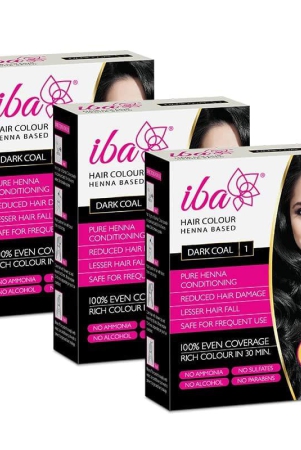 Iba Hair Colour - Dark Coal, 70g (Pack of 3) | 100% Pure Henna Based Powder Sachet | Naturally Coloured Hair & Long Lasting | Conditioning | Reduced Hair fall & Hair Damage | Shine & Nourish Hair | Paraben, Chemical, Ammonia & Sulphate Free Formula