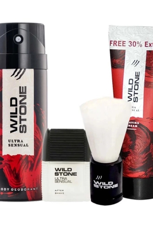 wild-stone-ultra-sensual-after-shave-lotion-50ml-deodorant-150ml-shaving-cream-78gm-and-brush-4-items-in-the-set