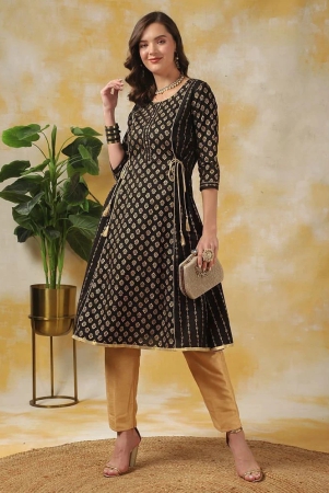 Rangita Women Black Rayon Ethnic Printed Calf Length A-Line Kurti - None