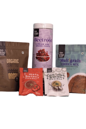 combo-of-5-high-protein-fiber-rich-multigrain-chilla-premix-200-gm-1-beetroot-cream-and-onion-chips-box-150-gm-1-sattu-coffee-hazelnut-shake-220-gm-1-tomato-chutney-instant-mix-50-gm-1-coconut-chutney-instant-mix-50-gm-1