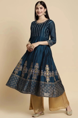 Rangita Women Chanderi Teal Yoke Embroidered Gold Printed Calf Length Anarkali Kurti - None