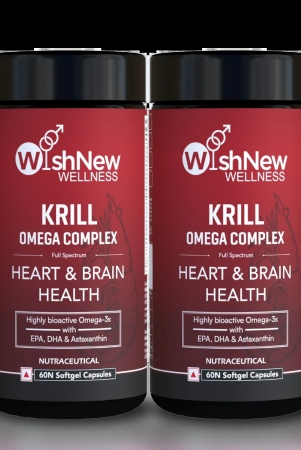 WishNew Wellness Krill Omega Complex for Heart & Brain Health, 60 Enhanced Absorption Softgels with 2000mg Fish Oil & 250mg Krill, Rich in EPA & DHA Plus Astaxanthin Pack of 2