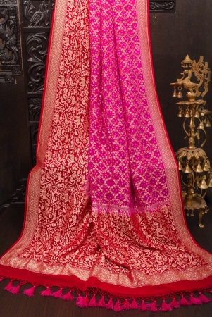 pink-authentic-hand-bandhej-banarasi-silk-georgette-saree-with-geometric-jaal-and-shikaargah-borders-silk-mark-certified