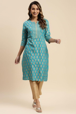 Rangita Women Rayon Turquoise Gold Printed Knee Length Straight Kurti - XXL, Turquoise