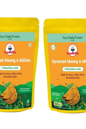 foodfrillz High Protein Chilla Mix/Dosa Mix Healthy Breakfast premix Fibre Rich Instant Ready to Cook - Sprouted Moong with Millets - 70 g x 2 + FREE Coconut Chutney Powder (25 g)