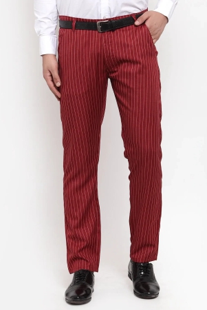 Indian Needle Mens Red Cotton Striped Formal Trousers-30 / Maroon