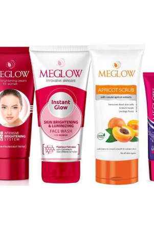 meglow-skin-brightening-cream-for-women-50g-instant-glow-facewash-70g-apricot-scrub-70g-lip-shiner-spf-15-15g