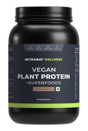 Nutrabay Wellness Vegan Plant Protein Powder + Superfoods - 1kg, Rich Chocolate | Complete Amino Acid | Pea & Brown Rice | 24g Protein | Easy to Digest | Sugarfree | Supplement for Men & Women