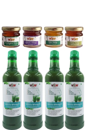 WOW ZIP - GO HERBS & NUTRITION -100% Pure Aloevera Wheatgrass Herbal Juice (750 Mlx 4 + 4 Honey 55g) Free Immunity Enhancing Honey.