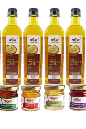 wow-cooking-oils-virgin-cold-pressed-white-sesame-seed-cooking-oil-925-ml-x-6-with-free-55-gms-x-4-varieties-raw-honey