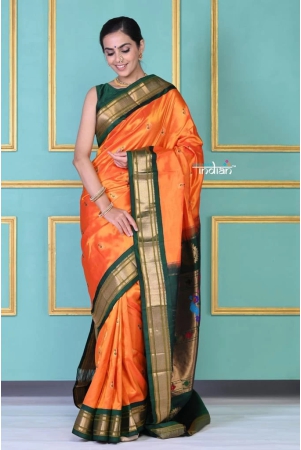 royal-weave-authentic-pure-silk-handloom-orange-maharani-paithani-with-exclusive-green-peacock-pallu