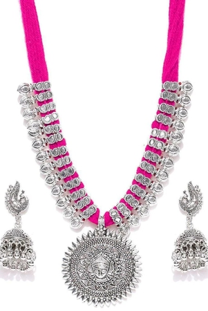 youbella-antique-german-silver-oxidised-plated-tribal-cotton-thread-jewellery-set-for-women-girls-pink-pink