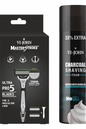 VI-JOHN Charcoal Shaving Foam 300ml & Master Stoke Ultra Pro 5 Blade Shaving Razor For Men