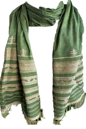 soulshoppr-handloom-olive-green-cotton-dupatta-stole-with-tussar-silk-weaving-and-border-tassels-for-women-and-girlsfor-festivals