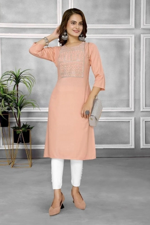 Rangita Women Rayon Peach Embroidered Knee Length Straight Kurti - None